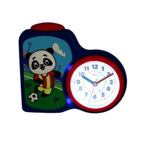 Réveil bleu avec motif panda football, bouton rouge et grand cadran analogique