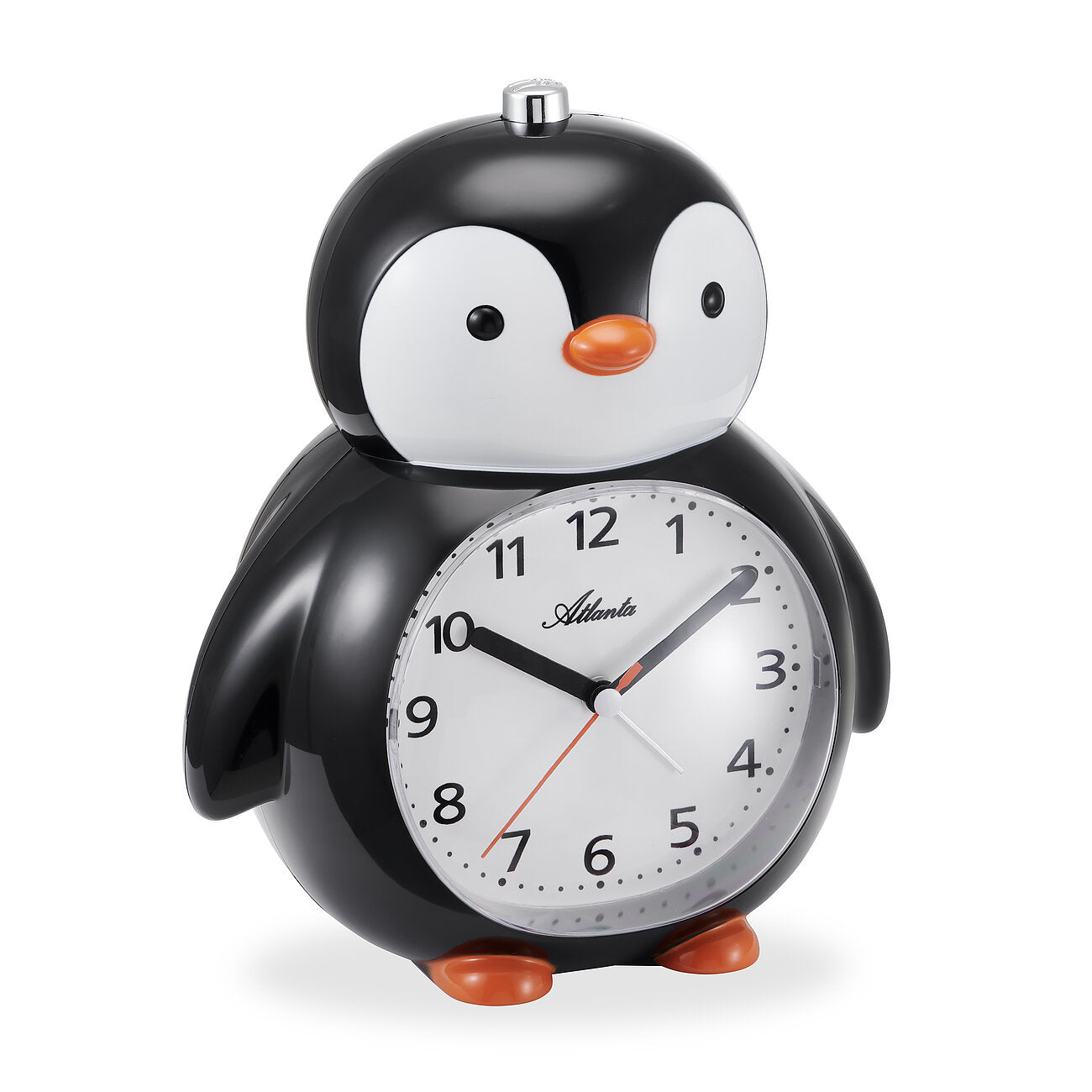 Réveil pingouin avec cadran analogique, boîtier noir et blanc et aiguilles rouges