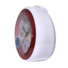 Réveil compact avec boîtier blanc et cadre rouge sur le cadran, vue latérale