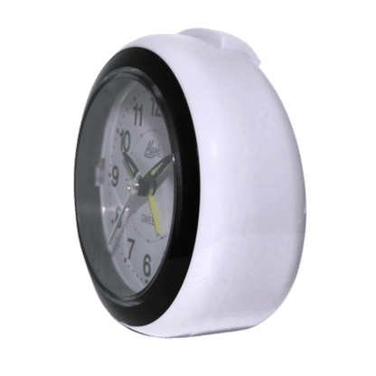 Réveil avec boîtier rond blanc et cadre avant noir, cadran visible