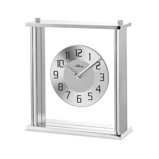 Réveil de table argenté avec cadran rond, chiffres arabes et mouvement à quartz