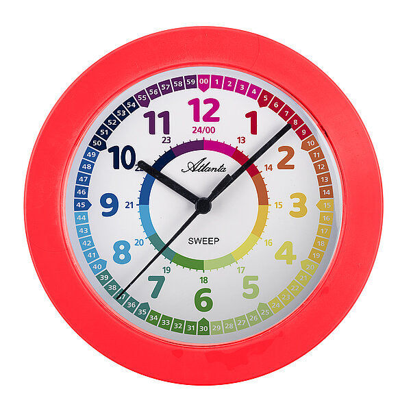 Horloge murale pour enfants avec cadre rouge, cadran d'apprentissage avec chiffres et aiguilles colorés