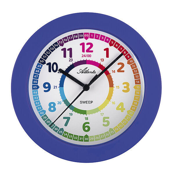 Horloge murale ronde avec cadre bleu, cadran blanc et chiffres éducatifs colorés