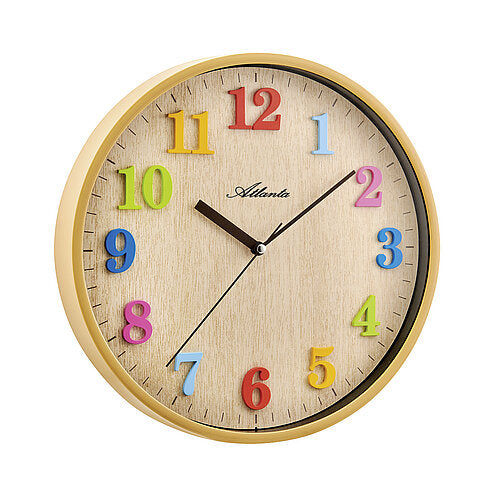 Horloge murale ronde avec cadre marron, cadran beige et chiffres colorés