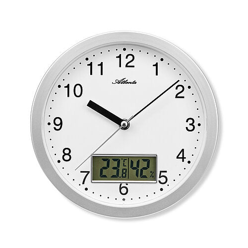 Horloge murale argentée avec cadran blanc et affichage de la température et de l'humidité