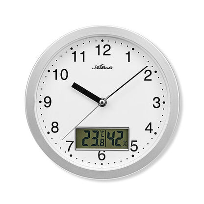 Horloge murale argentée avec cadran blanc et affichage de la température et de l'humidité