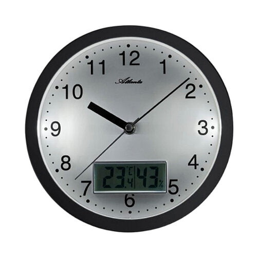 Horloge murale noire avec cadran argenté et affichage numérique de la température et de l'humidité