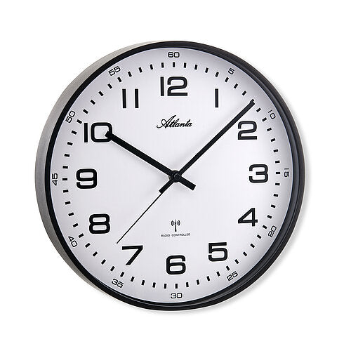 Horloge murale ronde avec cadre noir et cadran blanc, Atlanta, mouvement radio-piloté