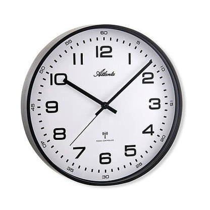 Horloge murale ronde avec cadre noir et cadran blanc, Atlanta, mouvement radio-piloté