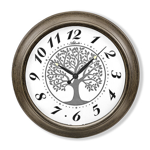 Wanduhr mit braunem Metallgehäuse, weißem Zifferblatt und Baum-Motiv