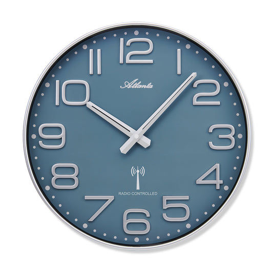 Horloge murale sans fil avec cadran bleu, cadre argenté et grands chiffres