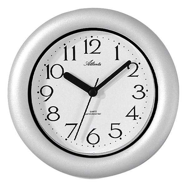Horloge murale ronde avec boîtier argenté, cadran blanc et aiguilles noires