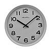 Kompakte runde Wanduhr mit grauem Ziffernblatt, schwarzen Zahlen und Zeigern