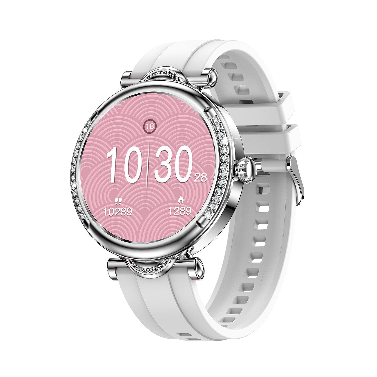 Smartwatch mit rundem Display, silberfarbenem Gehäuse und weißem Silikonarmband