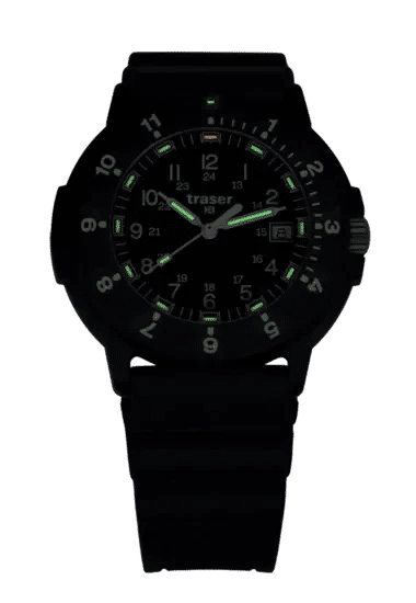 Montre homme avec cadran noir et index luminescents verts, bracelet noir