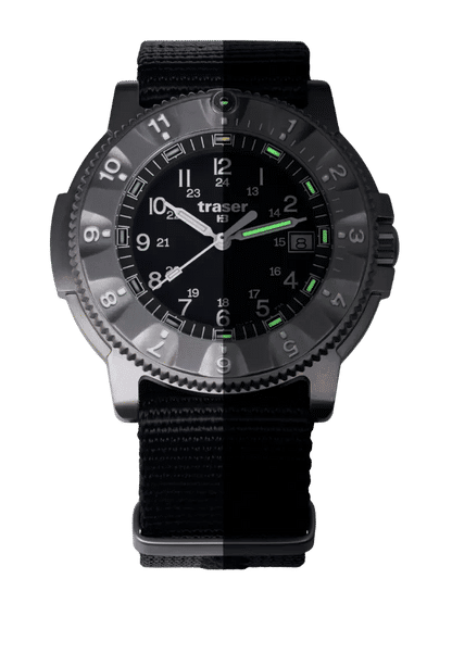 Bracelet de montre pour homme avec cadran sombre, index lumineux verts et bracelet en nylon noir