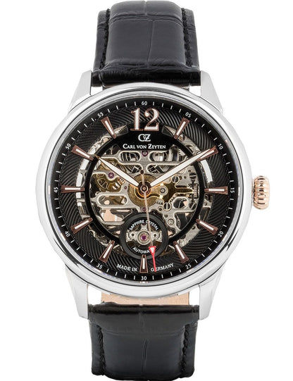 Carl von Zeyten Herrenuhr mit schwarzem Lederband und Skelett-Zifferblatt
