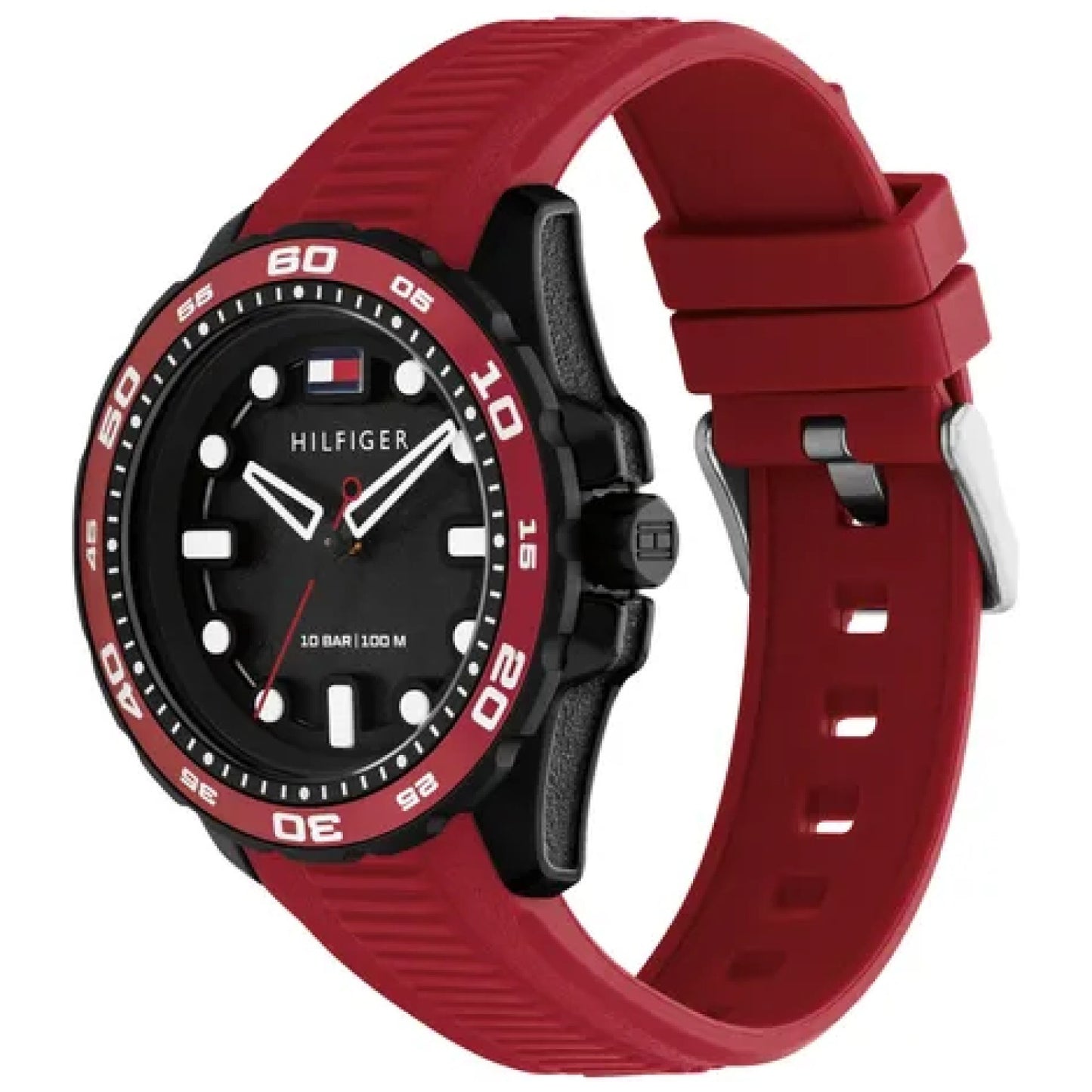Tommy Hilfiger Herren-Quarzuhr, rotes Silikonarmband, schwarzes Zifferblatt, Sport-Lünette