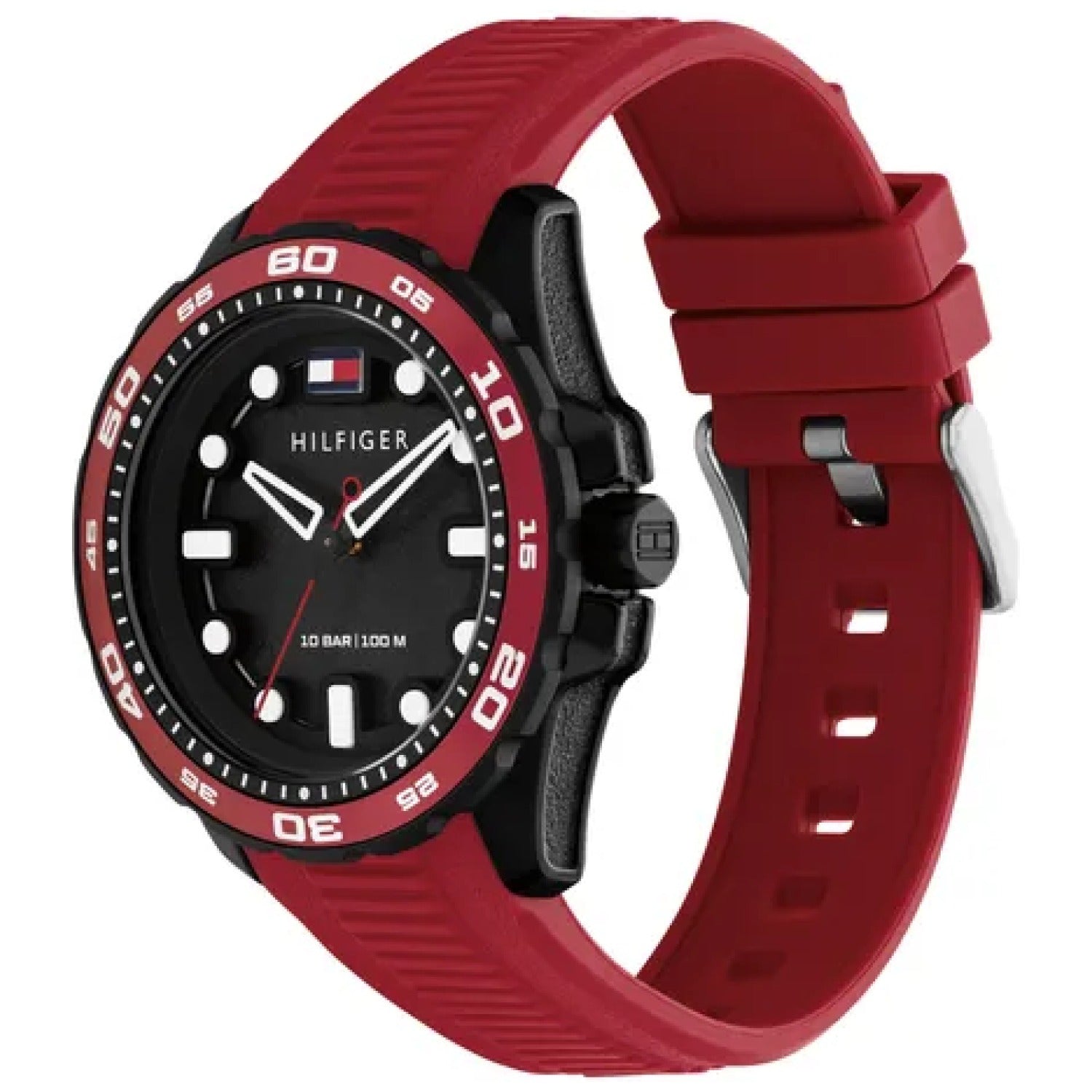 Tommy Hilfiger Herren-Quarzuhr, rotes Silikonarmband, schwarzes Zifferblatt, Sport-Lünette