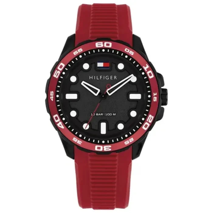 Tommy Hilfiger Herren-Armbanduhr, rotes Silikonband, schwarzes Zifferblatt, rote Akzente