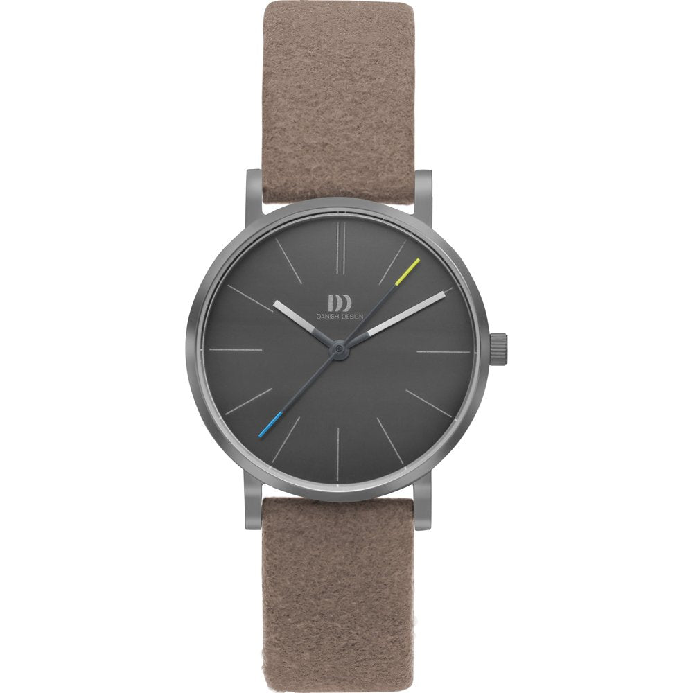Danish Design Damenuhr mit grauem Lederarmband und dunklem Zifferblatt, Strichindizes, 3 Zeiger.