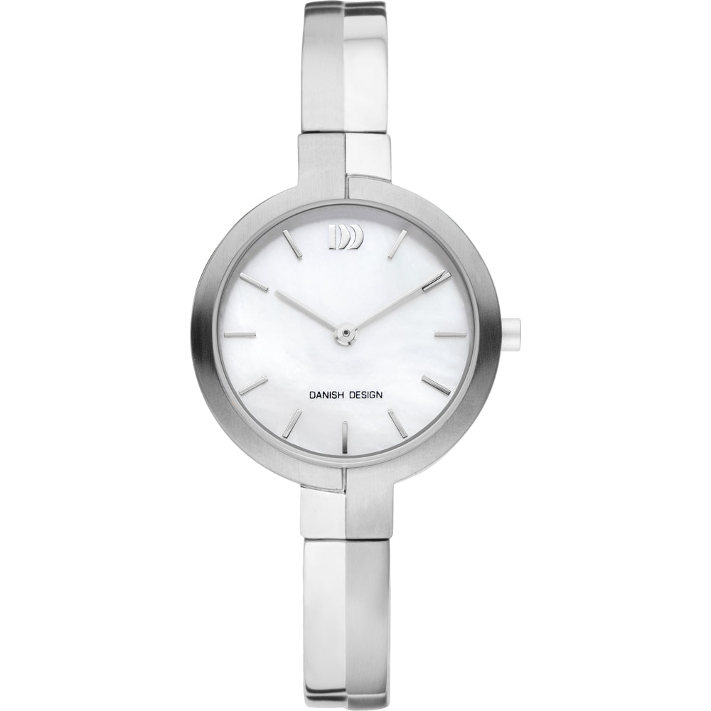 Damen-Titanuhr mit rundem Gehäuse, perlmuttfarbenem Zifferblatt und Metallarmband