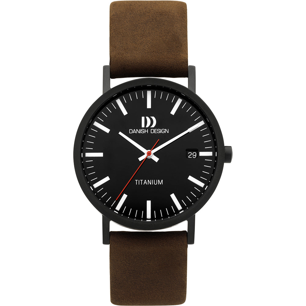 Herrenarmbanduhr Danish Design: schwarzes Zifferblatt, braunes Lederband, Datumsfenster