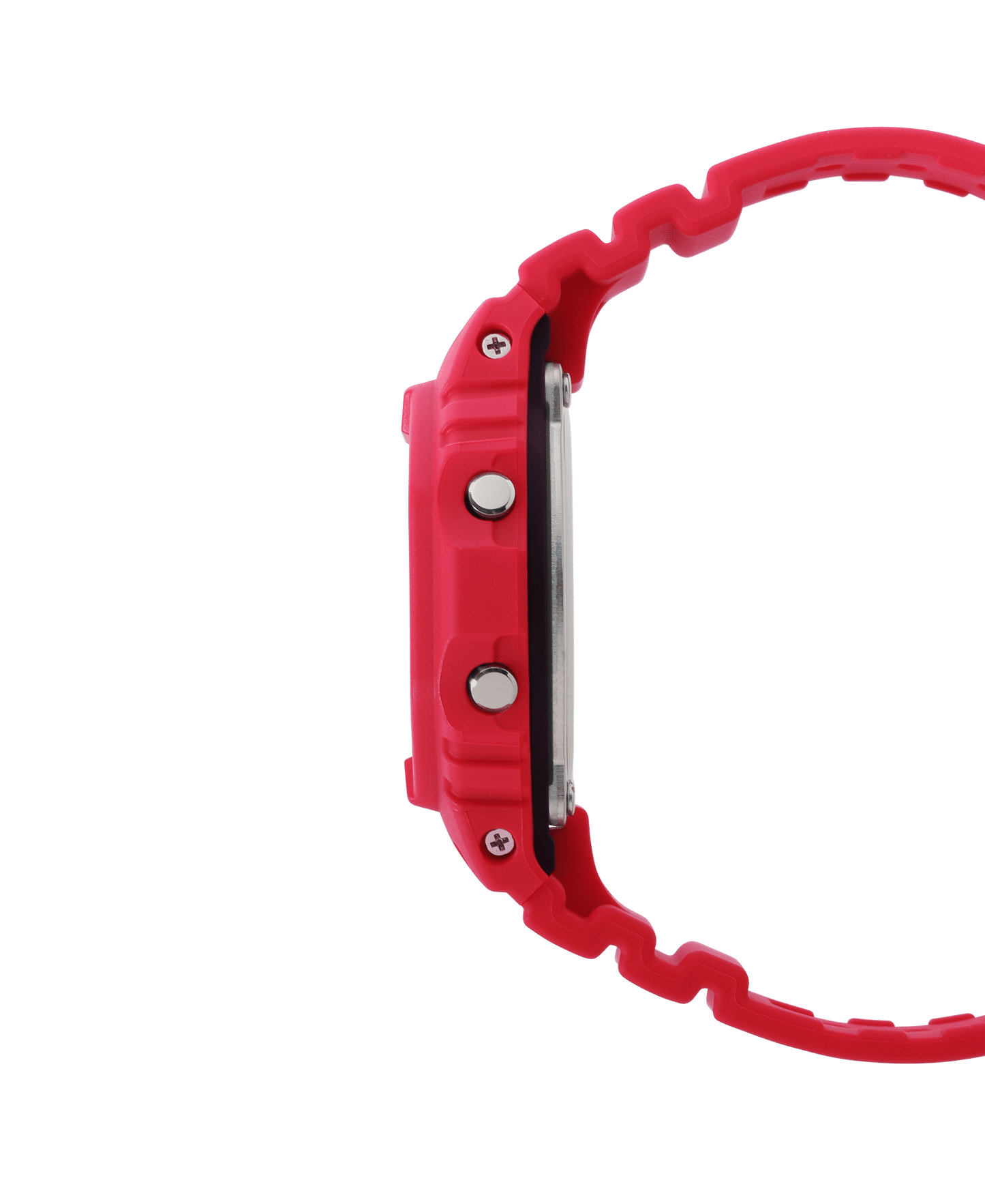 Casio G-Shock Seitenansicht: rotes Gehäuse mit Knöpfen und Schutzrahmen am Armband.