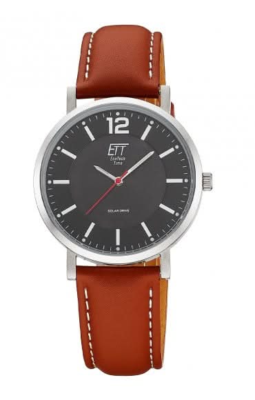 Bracelet de montre pour homme avec cadran noir et bracelet en cuir marron, lunette ronde