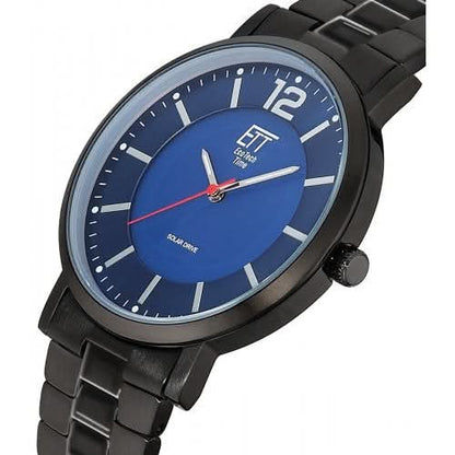 Montre homme avec cadran rond bleu, index et lunette noire