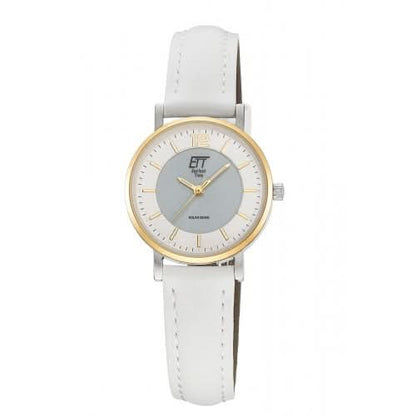 Montre pour femme avec bracelet en cuir blanc, lunette dorée et cadran gris