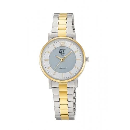 Montre bicolore pour femme avec cadran bleu et bracelet en acier inoxydable, mouvement solaire