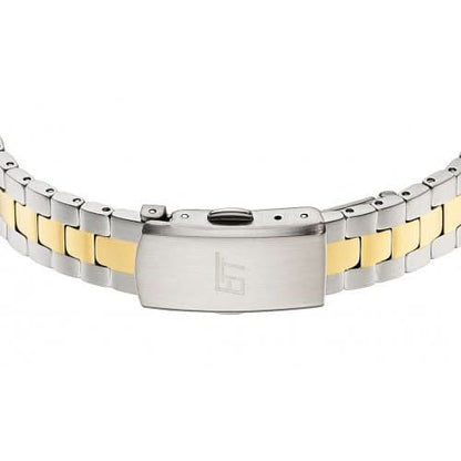 Bracelet bicolore en acier inoxydable avec fermoir et plaque centrale gravée