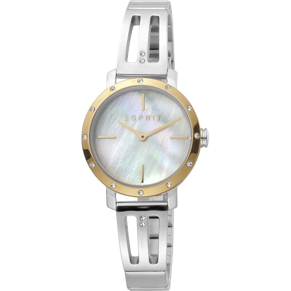 Esprit Damenarmbanduhr: Perlmuttzifferblatt, bicolor Edelstahlband, goldene Lünette