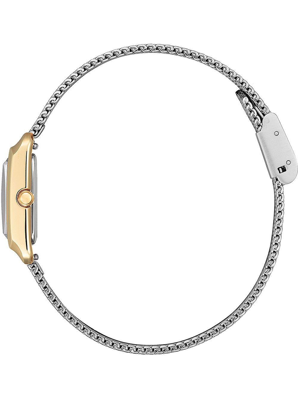 Armbanduhr mit Edelstahl-Mesharmband, Seitenansicht des schmalen Gehäuses