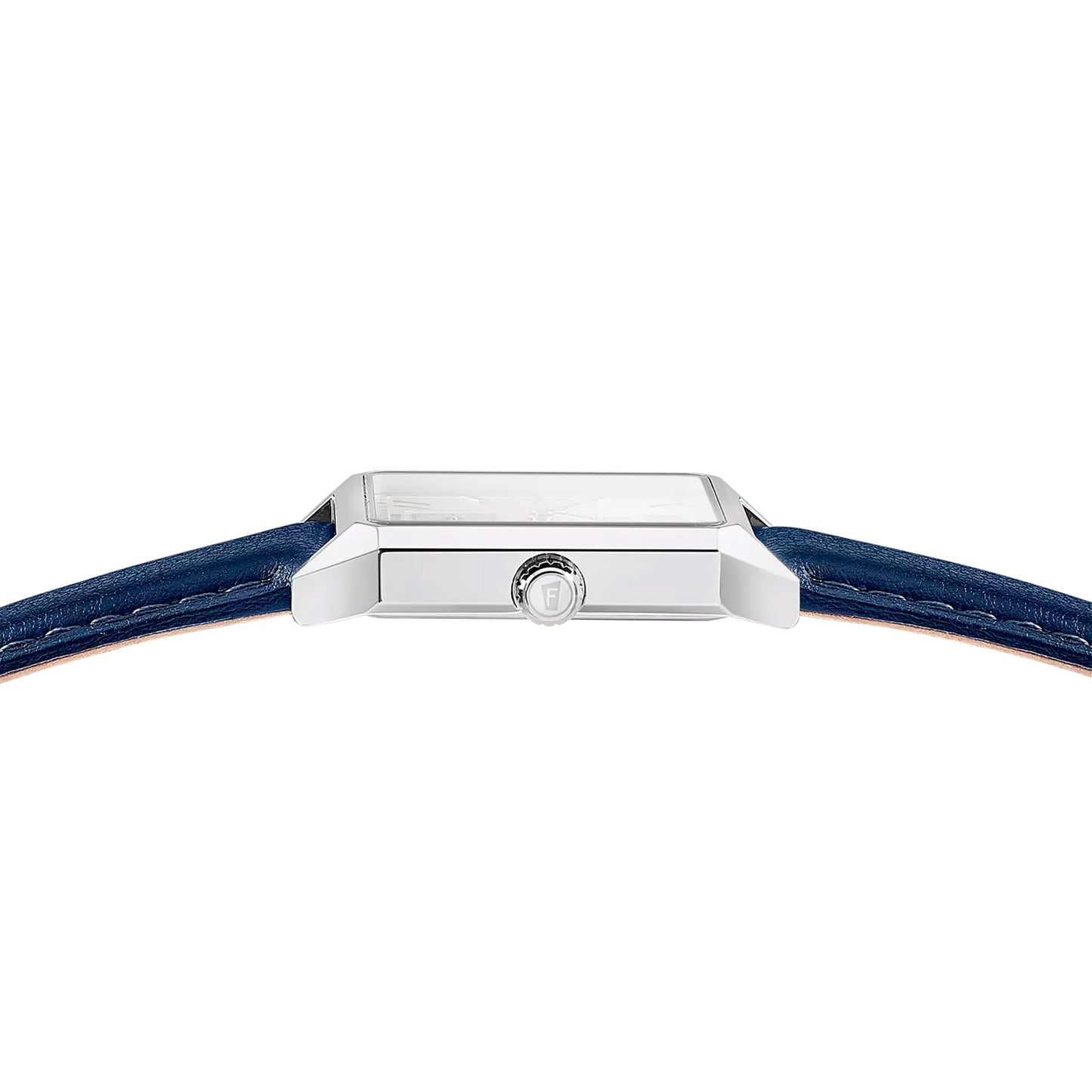 Herren-Quarzuhr, Rückseite mit silberner Dornschließe und blauem Lederarmband