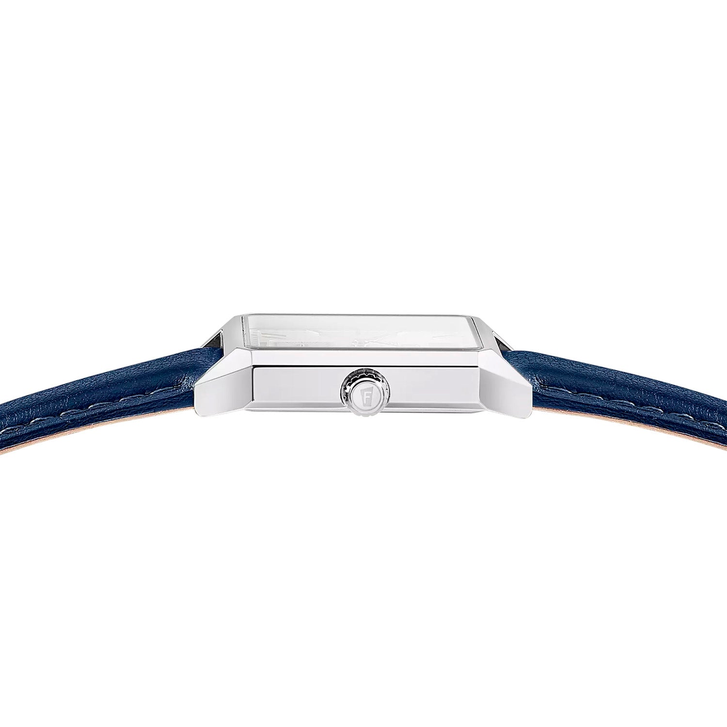 Herren-Quarzuhr, Rückseite mit silberner Dornschließe und blauem Lederarmband