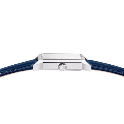 Herren-Quarzuhr, Rückseite mit silberner Dornschließe und blauem Lederarmband