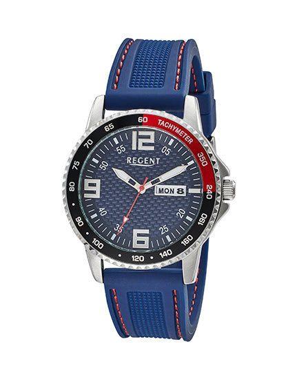 Herren-Armbanduhr mit blauem Armband, silbernem Gehäuse, dunklem Zifferblatt und Datum/Wochentag
