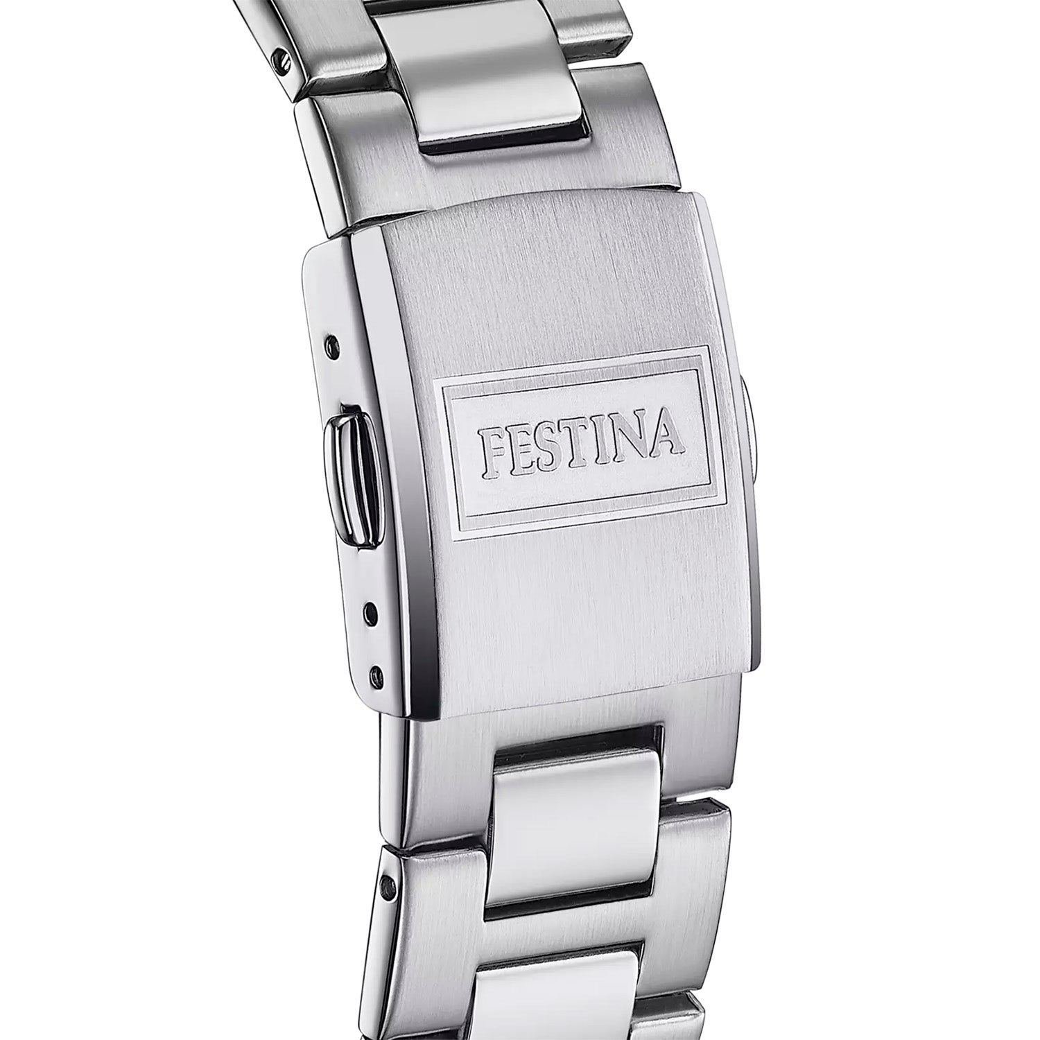 Festina Herrenuhr: Edelstahlarmband-Detail mit FESTINA-Logo am Verschluss
