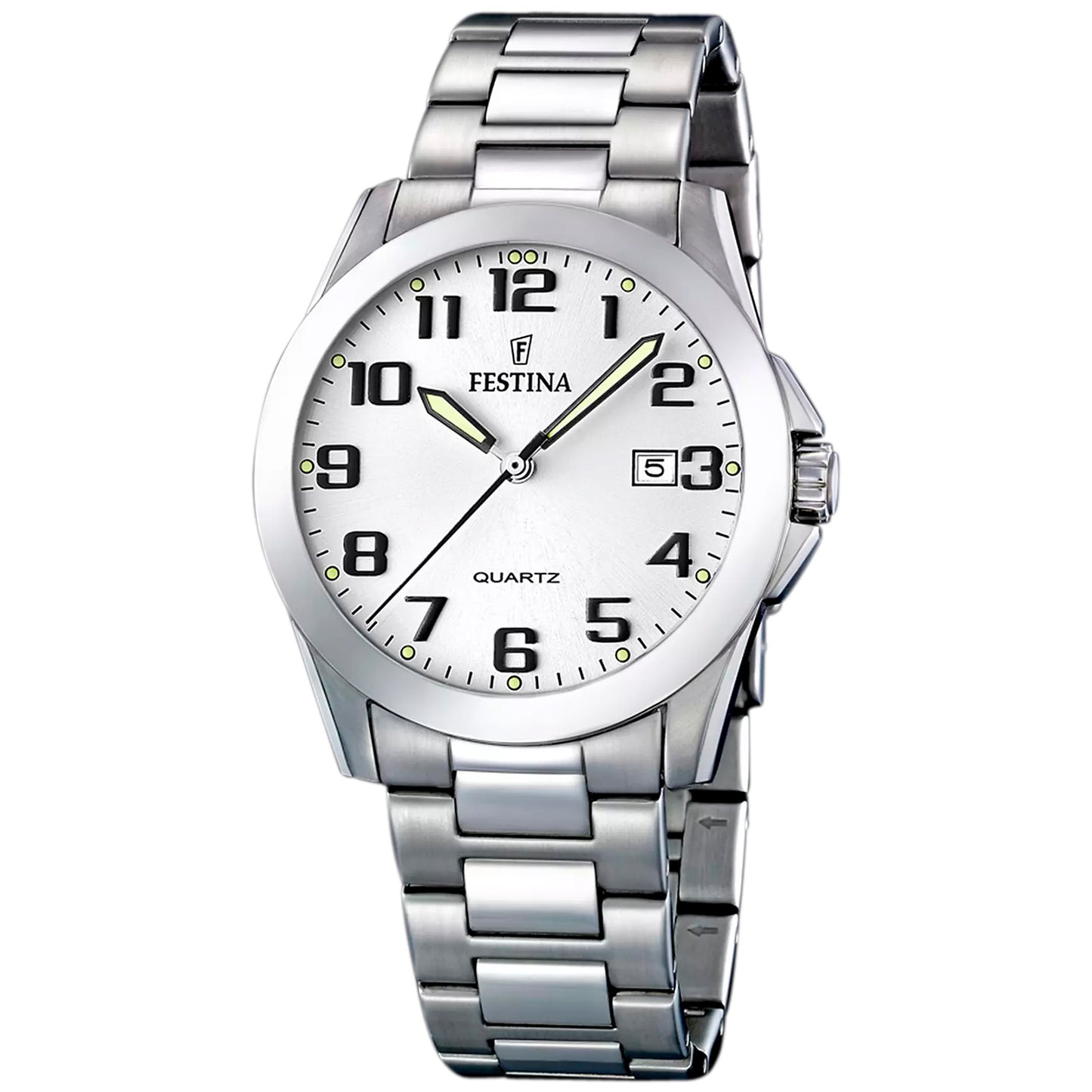 Festina Herrenuhr mit weißem Zifferblatt und silbernem Edelstahlarmband
