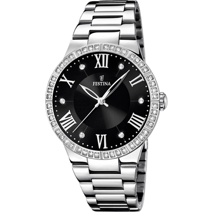 Festina Damenuhr mit schwarzem Zifferblatt, römischen Ziffern und Zirkonia-Lünette, Edelstahlband