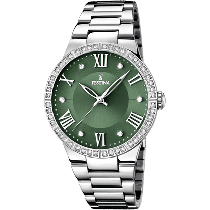 Festina Damenuhr mit grünem Zifferblatt und römischen Ziffern, Edelstahlband, Mineralglas