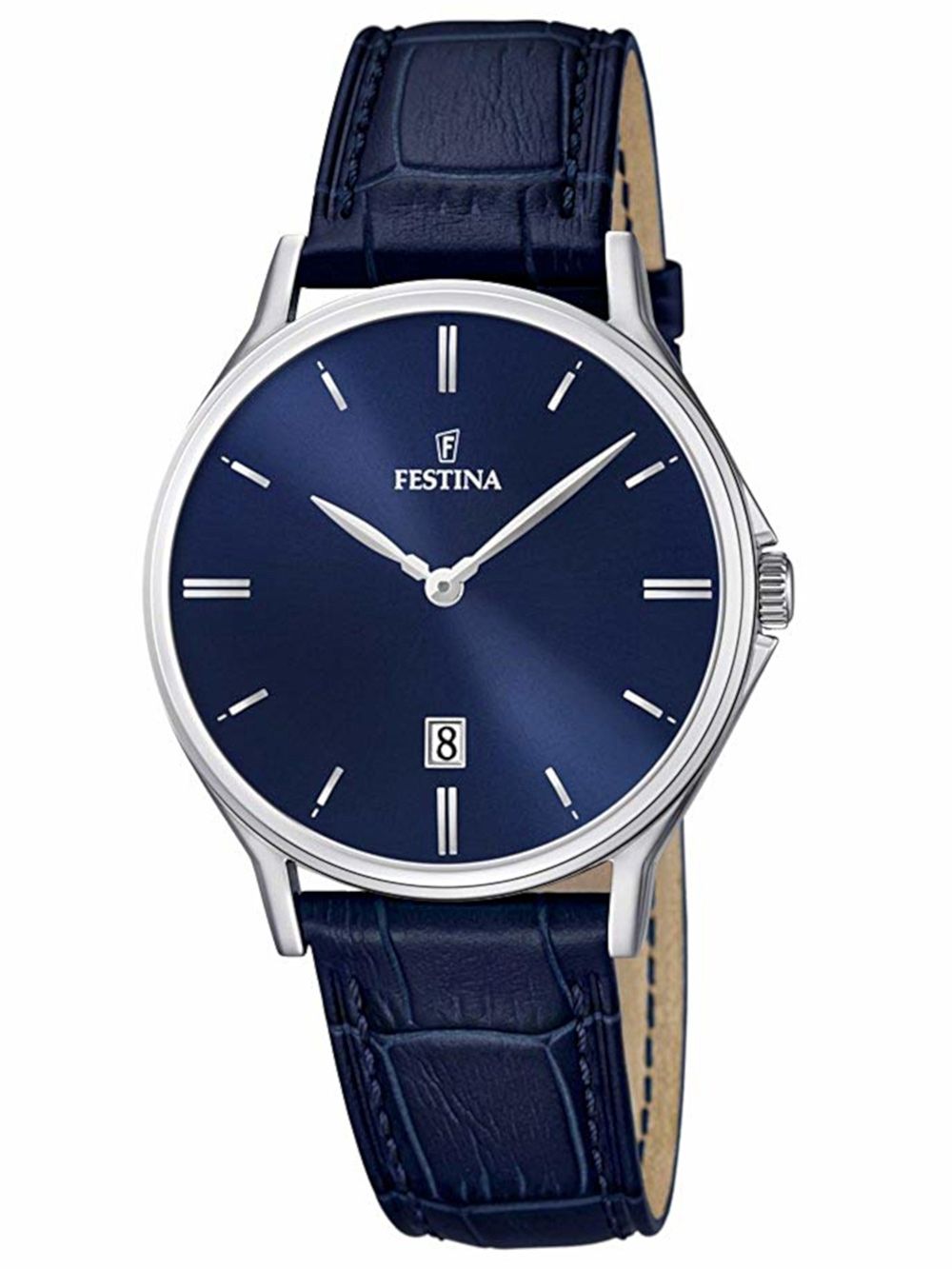 Festina Herrenarmbanduhr mit blauem Zifferblatt und dunklem Lederarmband, rundes Gehäuse