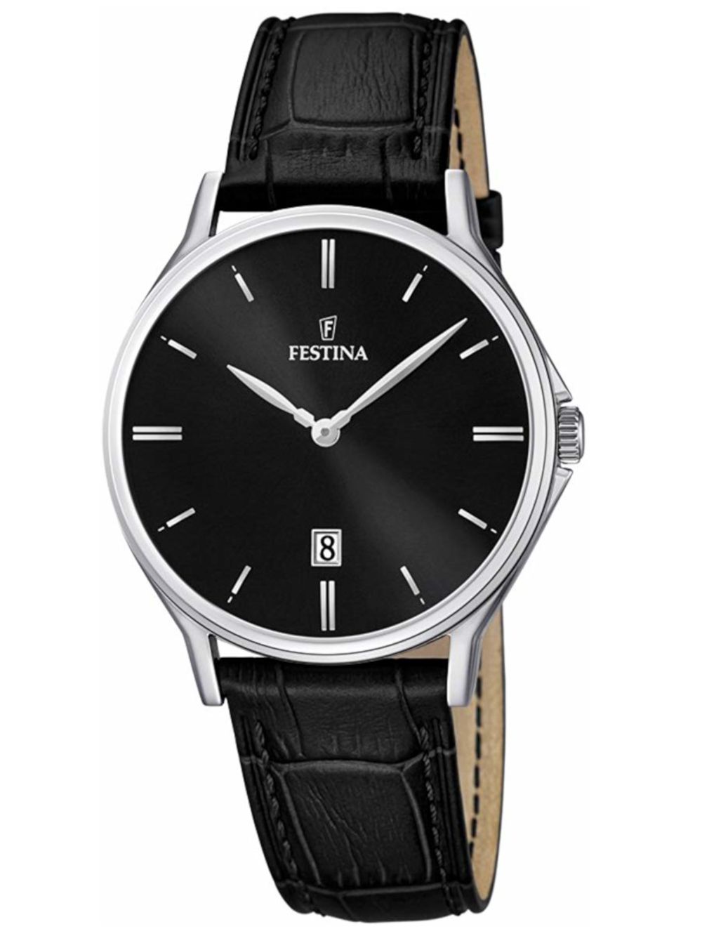 Festina Herrenuhr mit schwarzem Zifferblatt und schwarzem Lederarmband