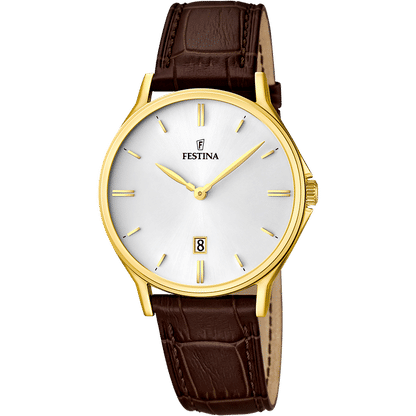 Festina Herrenarmbanduhr mit goldenem Gehäuse, weißem Zifferblatt und braunem Lederarmband