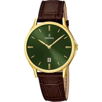Festina Herrenarmbanduhr: grünes Zifferblatt, Datum, braunes Lederarmband