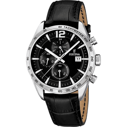 Festina Chronograph Herrenuhr mit schwarzem Zifferblatt und schwarzem Lederarmband