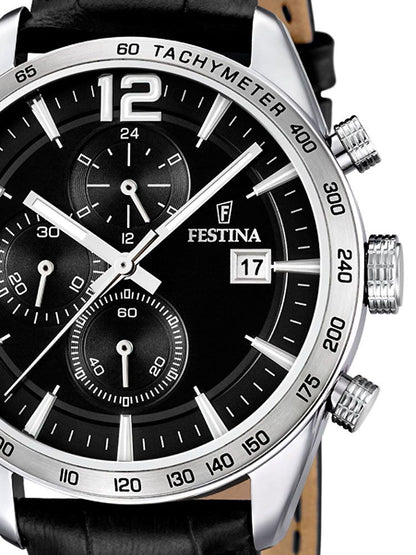 Festina Herrenuhr Chronograph: schwarzes Zifferblatt, schwarzes Lederarmband, Tachymeter