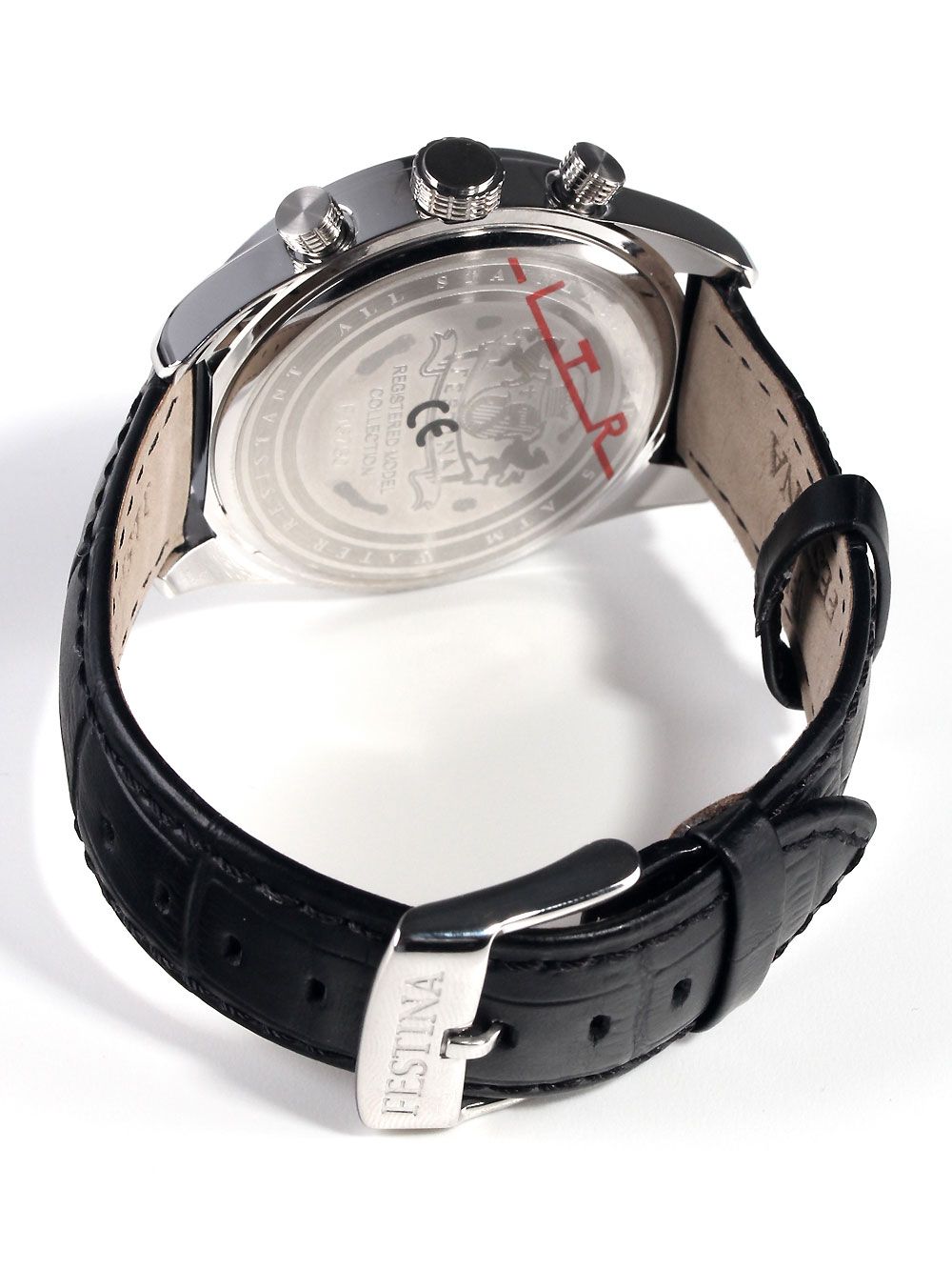 Festina Herrenuhr: Rückseite am Gehäuse mit schwarzem Lederarmband